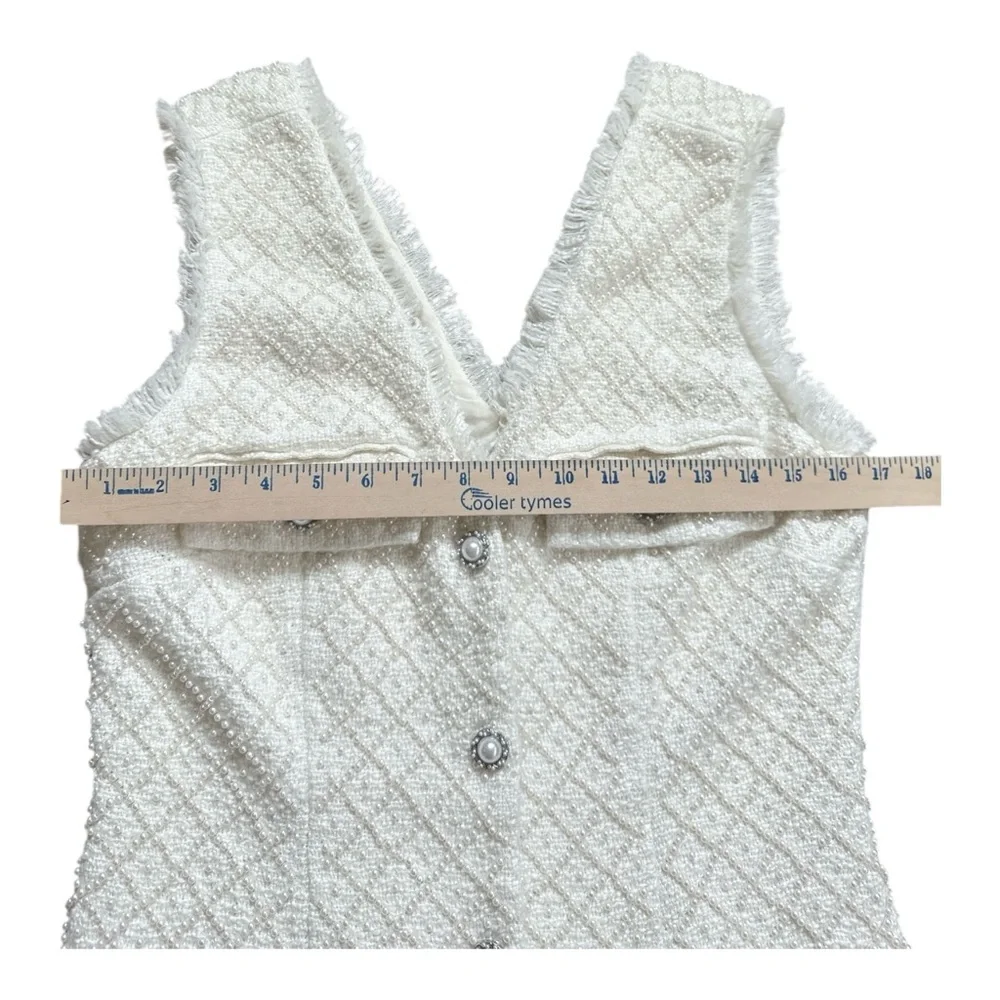 BHLDN Anthropologie Sleeveless Tweed Dress Pearl Embellished Fringed Trim NWOT - Picture 9 of 11